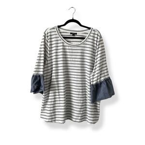 Lane Bryant White Striped Tee with Chambray Ruffle Sleeve